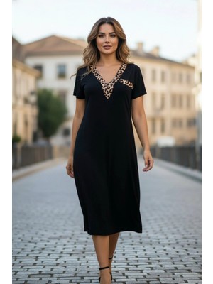 Mossta V Yaka Leopar Desen Detaylı Kısa Kollu Viskon  Elbise - Siyah