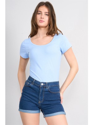 Çetinkaya Fithit 8913 Bayan Kayık Yaka Penye Süprem T-Shirt Bebe Mavi