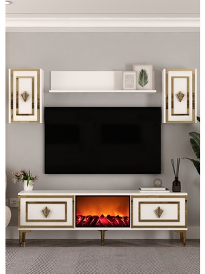 Demonte Decor TV0066-TXA150DD-32 Şömineli Tv Ünitesi Takımı Beyaz-Altın