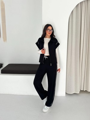 Kadın Modal Kumaş Garnili Sıfır Kol Dik Yaka Oversize Eşofman Takımı
