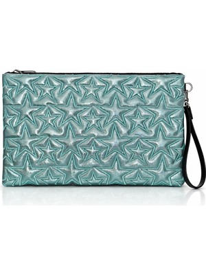 Ecrou Yıldız Desenli Bebe Mavisi Parlak Portföy & Clutch Çanta Çıkarılabilir Bileklik Askılı 30 x 19 cm