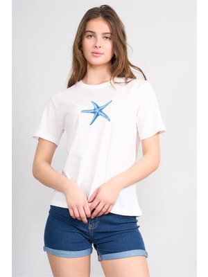 Çetinkaya Fithit 8890 Bayan Bisiklet Yaka Regular Baskılı T-Shirt Krem