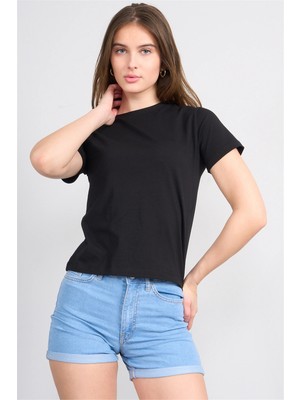 Çetinkaya Fithit 8501 Bayan Bisiklet Yaka Slimfit Penye Süprem T-Shirt Siyah