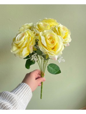 Bakburaya Yapay Çiçekçilik Yapay Şimşir Aranjmanlı Sarı 7 Kafalı Katmerli Gül Özel Gün ve Vazo Çiçeği