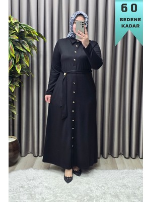 Elmas Tesettür Kadın Giyim Büyük Beden Düğmeli Spor Seyyar Kuşaklı Elbise