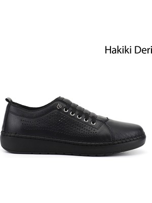 Gönderi(r) Gönderi Kadın Siyah Bağcıklı Deri Comfort Ayakkabı 2 cm Tabanlı Konforlu Tasarım