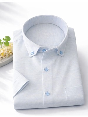 Varetta Erkek Bebek Mavi Kısa Kollu Gömlek Keten Efekt Yumuşak Geniş Kesim Cepli