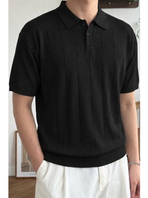 Tarz Cool Erkek Düğmeli Polo Yaka Tişört Kısa Kollu Fitilli Pamuklu Triko