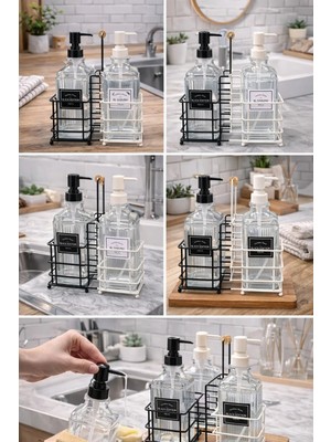Bm House Bmhouse 2’li Cam Sıvı Sabunluk Seti Metal Standlı Siyah Beyaz