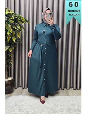 Elmas Tesettür Kadın Giyim Büyük Beden Düğmeli Spor Seyyar Kuşaklı Elbise
