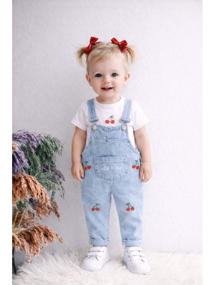 Minilkabebe Kiraz Nakışlı Denim Kız Salopet & Body 6-24 Ay