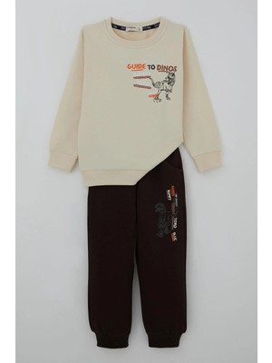Breeze Erkek Çocuk Eşofman Takımı Dinozor Kampı Sırt Baskı Detaylı 2-6 Yaş, Krem