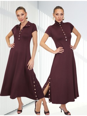 Qimya Butik Buketli Kadın Dik Yakası ve Iki Yanı Çıt Çıt Detaylı Tok Penye Kısa Kollu Uzun Elbise