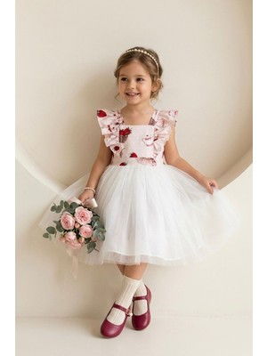 Miniğimin Cicileri Çilek Baskılı Tül Detaylı Kız Çocuk Arkadan Fiyonklu Elbise - Pudra