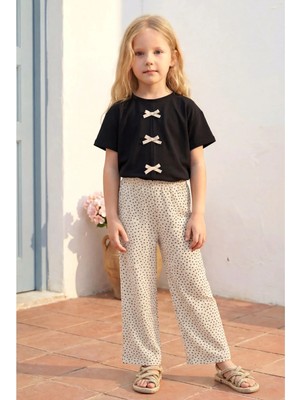 Magu Kız Çocuk Pamuklu Siyah Fiyonk Detaylı Tişört Pantolon Takım