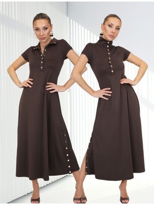 Qimya Butik Buketli Kadın Dik Yakası ve Iki Yanı Çıt Çıt Detaylı Tok Penye Kısa Kollu Uzun Elbise