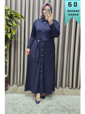 Elmas Tesettür Kadın Giyim Büyük Beden Düğmeli Spor Seyyar Kuşaklı Elbise