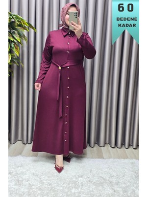 Elmas Tesettür Kadın Giyim Büyük Beden Düğmeli Spor Seyyar Kuşaklı Elbise