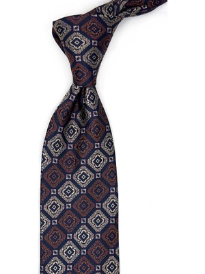 Kravatkolik Lacivert - Kahve Motif Desen Mendilli Klasik Kravat KK13428