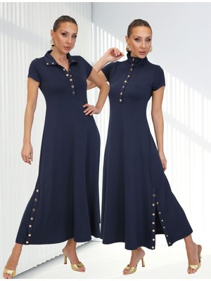 Qimya Butik Buketli Kadın Dik Yakası ve Iki Yanı Çıt Çıt Detaylı Tok Penye Kısa Kollu Uzun Elbise