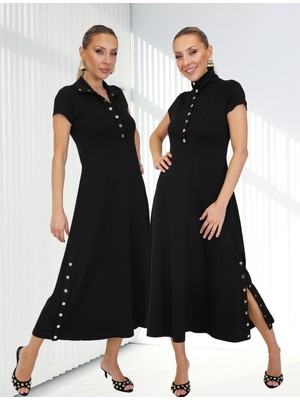 Qimya Butik Buketli Kadın Dik Yakası ve Iki Yanı Çıt Çıt Detaylı Tok Penye Kısa Kollu Uzun Elbise