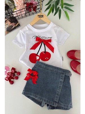 Miniğimin Cicileri Kiraz Baskılı Fiyonk Detaylı Kız Çocuk Kot Şort Etekli 2 Li Takım - Beyaz