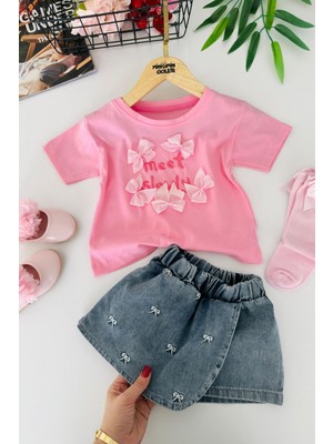 Miniğimin Cicileri Fiyonk Detaylı Meet Kız Çocuk Kot Şort Etekli 2 Li Takım - Pembe