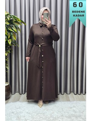 Elmas Tesettür Kadın Giyim Büyük Beden Düğmeli Spor Seyyar Kuşaklı Elbise