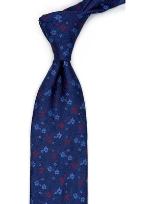 Kravatkolik Lacivert - Mavi Çiçek Desen Mendilli Klasik Kravat KK13436