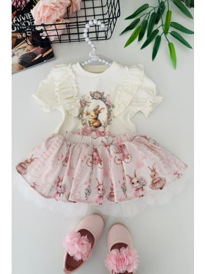 Miniğimin Cicileri Vintage Tavşan Detaylı Firfırlı Kız Bebek 2 Li Takım - Ekru