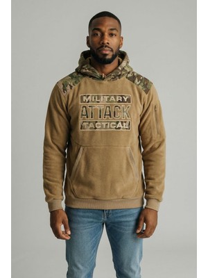 Attack Erkek Kapüşonlu Sweatshirt Tactical Kamuflaj Detaylı Polar Hoodie Cepli Kışlık