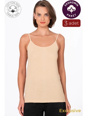Kompedan Kadın Pamuklu Ribana Ip Askılı Klasik Atlet 3'lü Paket – Esnek & Rahat | Ten K0107