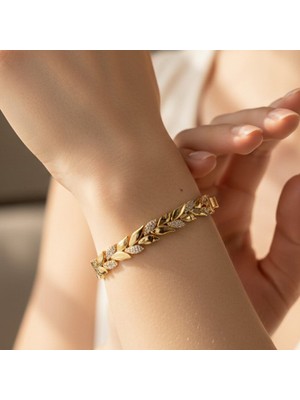 Xuping Jewelry Yaprak Model Bileklik 14 Ayar Altın Kaplama Zirkon Taşlı Kadın Takı