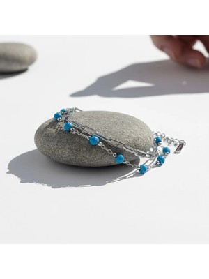 Cesicey Kadın Iki Katmanlı Çelik Bileklik Mavi Boncuk Detaylı Gümüş  Renk