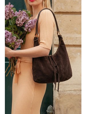 Marjin Kadın Hakiki Deri Fermuarlı Iç Cepli Omuz Çantası Ronagi Kahve Süet