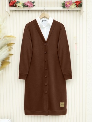 Modamorfo Fitilli Burgu Kumaş Düğmeli Uzun Hırka -Kahve