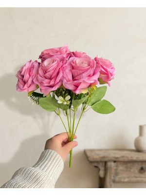 Bakburaya Yapay Çiçekçilik Yapay Şimşir Aranjmanlı Eskitme Pembe 7 Kafalı Katmerli Gül Özel Gün ve Vazo Çiçeği