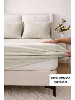Evien Home Süper Yumuşak Flanel Kadifemsi Peluş Lastikli Fitted Çarşaf Seti Kaymaz Tek/Çift Kişilik Bej