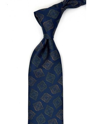 Kravatkolik Lacivert - Yeşil Motif Desen Mendilli Klasik Kravat KK13611