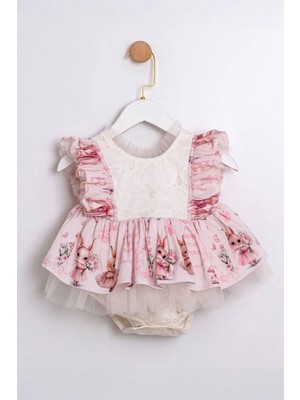 Miniğimin Cicileri Vintage Tavşan Baskılı Fırfır Detaylı Tül Kız Bebek Elbise - Pudra