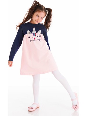 Denokids Catcorn Kız Çocuk Elbise Uzun Kol Günlük Stil Eğlenceli Silüet Pembe Renk