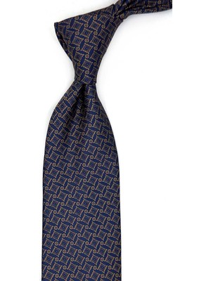 Kravatkolik Sarı - Lacivert Motif Desen Mendilli Klasik Kravat KK13466