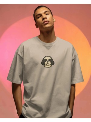 Muhtar Store Shih Tzu Köpek Baskılı Unisex Oversize Tişört – Minimal Sevimli Tasarım