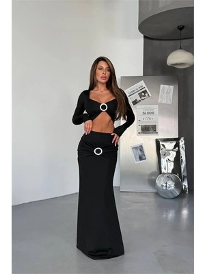 Dip Moda Kadın Kemer Detaylı Drapeli Uzun Etek Bluz Takım DPDF171