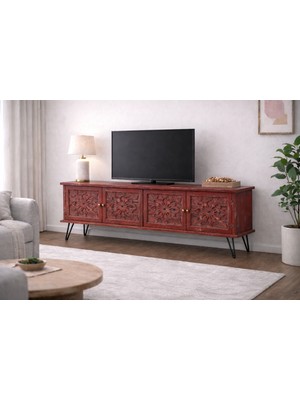 Boz Yapı Dekorasyon Demir Ayak 4 Kapaklı %100 Doğal Ahşap Tv Ünitesi Konsol