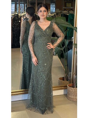 Abiyeniall Açık Olive V Yaka Uzun Kollu Düz Kesim  Pullu Boncuklu Uzun Abiye Elbise 11001-11