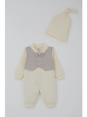 Breeze Erkek Bebek Tulum Sabit Papyonlu Yelekli Kazayağı Desenli 0-6 Ay, Krem