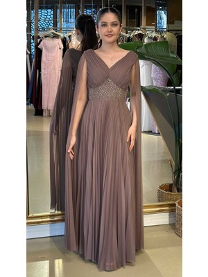 Abiyeniall Vizon Rengi V Yaka Pelerin Kloş Etekli Şifon Uzun Abiye Elbise 11108-09