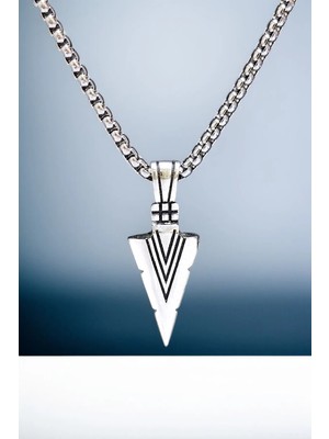 AK Store Erkek, İlk ve Orta Çağ Mızrak Ucu Figürlü K-112 Paslanmaz Kromix Çelik Gümüş Kaplama Kolye Madalyon