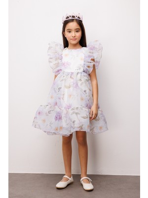 Le Mabelle Lila Çiçek Desenli Organze Kız Çocuk Elbise - Uliana